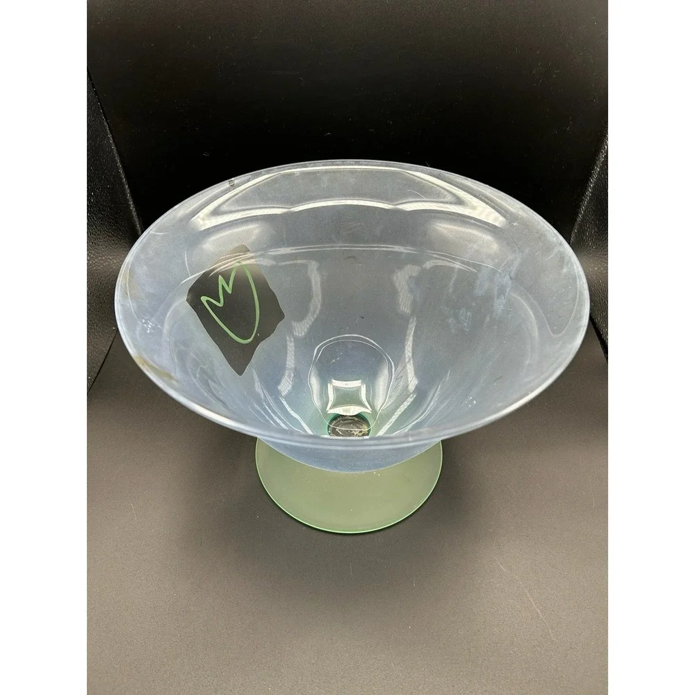 Block Mouth Blown Crystal Art Glass Footed Bowl Frosted Blue Body Green Base